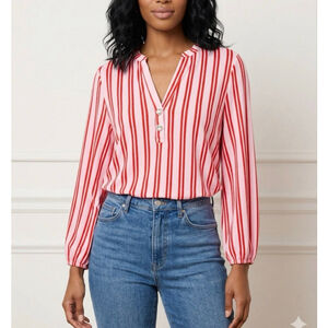 NWOT ALEX & PARKER Blouse L Pink Red Striped Long Sleeve